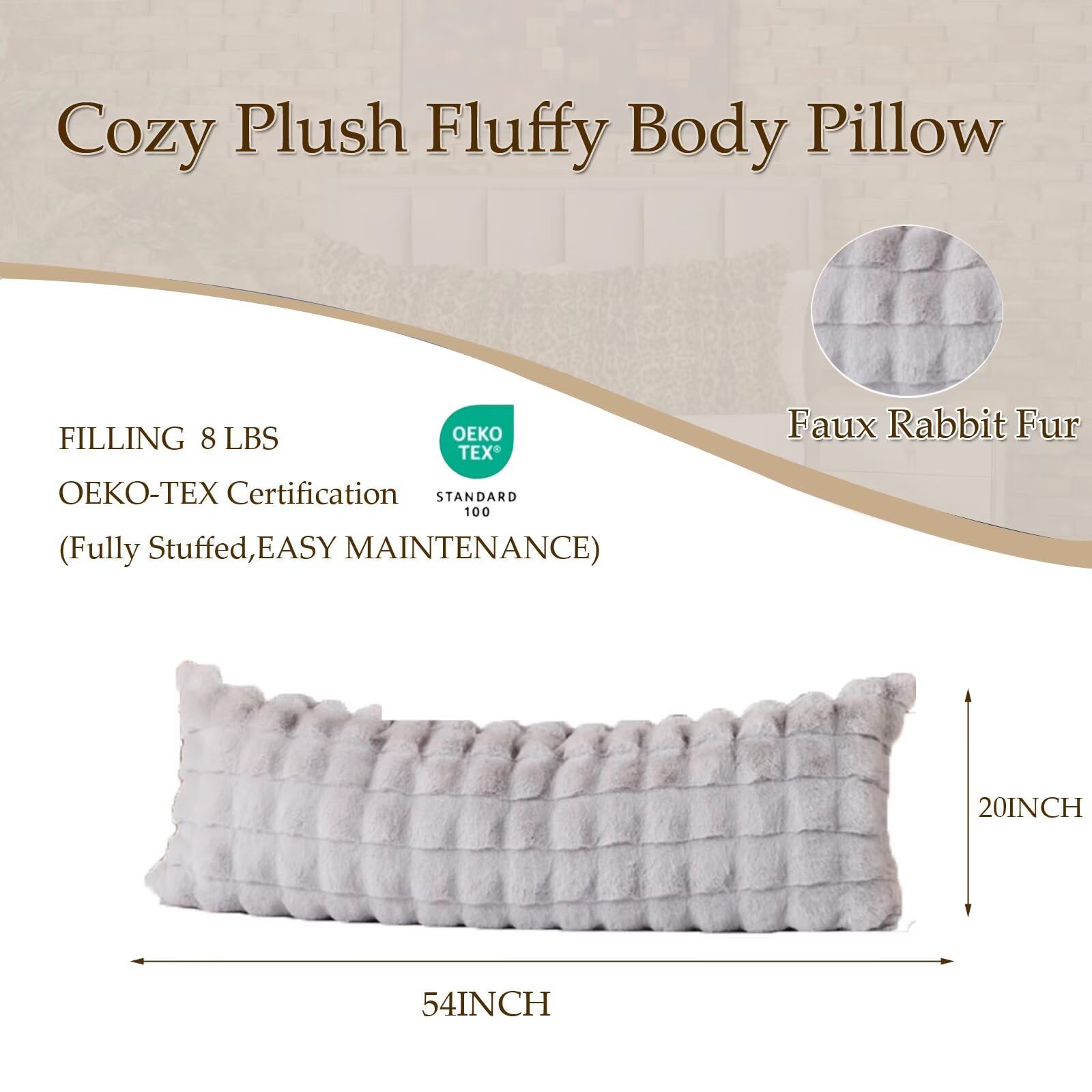 Luxury Shaggy Faux Fur Body Pillow,Fluffy Bed Pillow with Zipper Closure,Soft Decorative Plush Full Long Pillows,Fuzzy Hug Pillow for Living Room Side Sleeper & Pregnancy 20"x54" Grey Chocolate