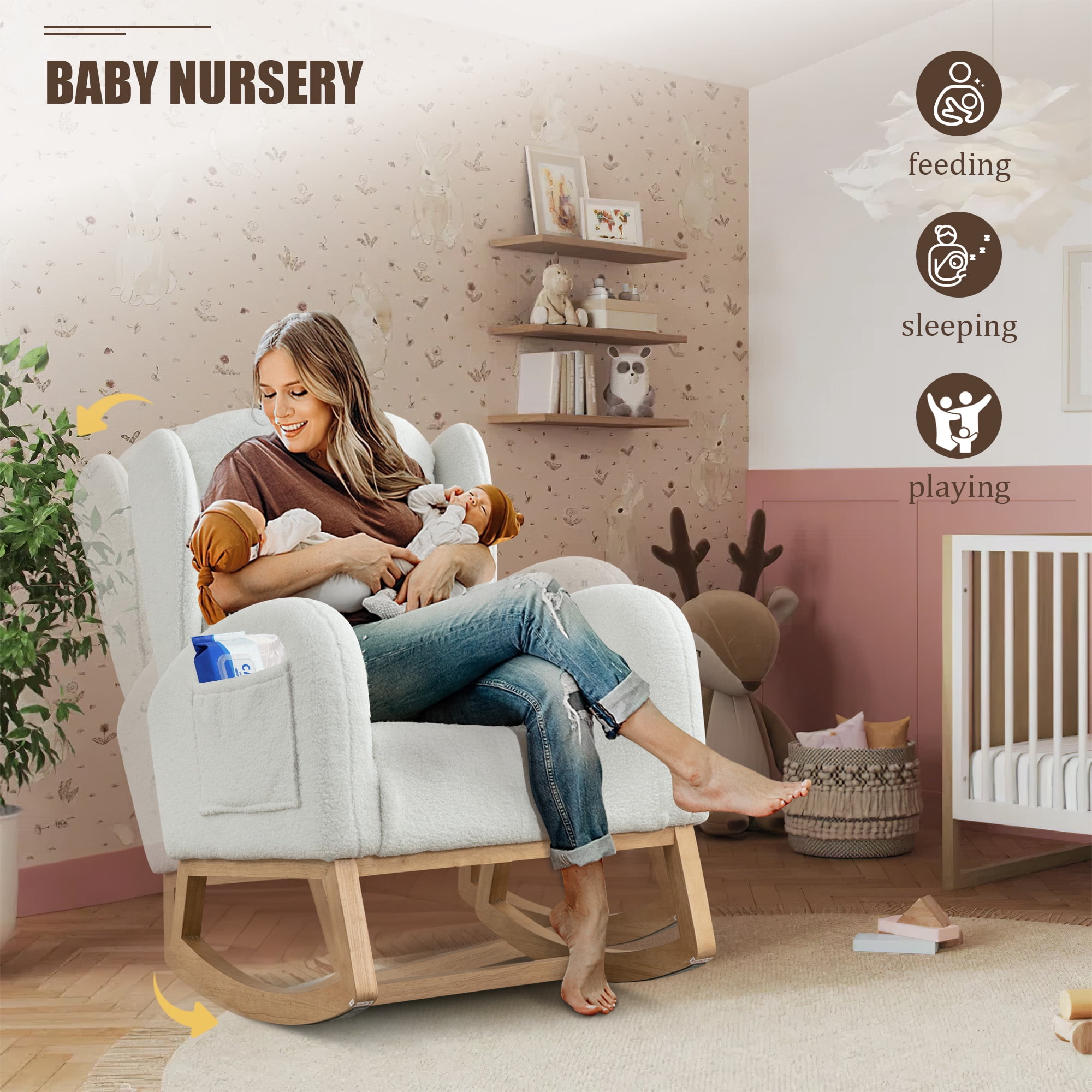 FFH Rocking Chair for Nursery, Teddy Glider Rocker, Reading Chair, Accent Chair, Ivory