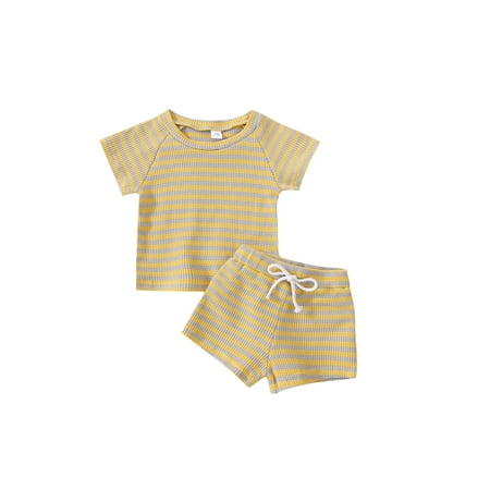 

ZIYIXIN Newborn Infant Baby Boy Girl Summer Outfits Short Sleeve Striped Ribbed T-Shirt+Drawstring Shorts Set Yellow 12-18 Months