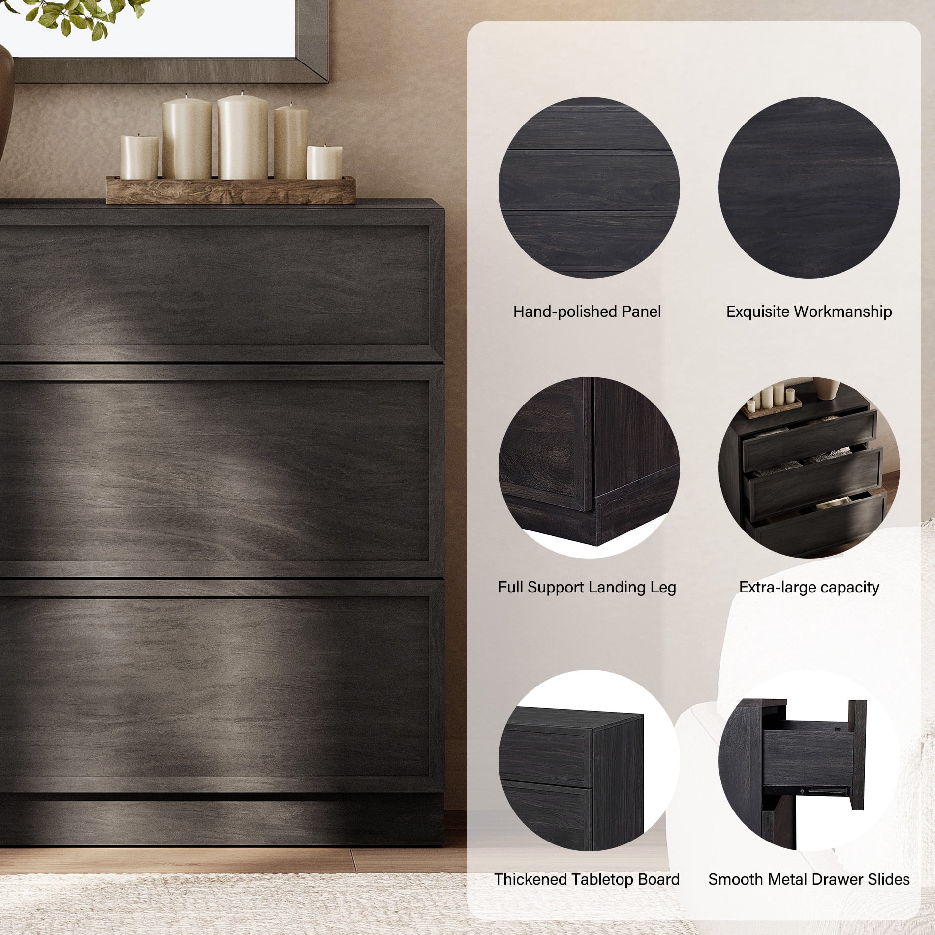 Modern 3-Drawer Wood Dresser, Handle-Free Push-Press Storage Chest with Solid Floor Base, Minimalist Storage Cabinet for Bedroom Living Room, Black