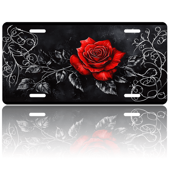 1 Pcs 2D Flat License Plate Covers & Frames, Red Rose on Black For Decorative Front, Waterproof For Decoration Aluminum License Plate Covers & Frames Cover For Men Women, 12" X 6"