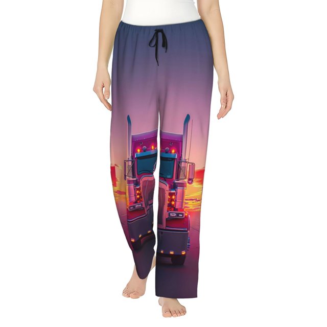 Fotbe Sunset Truck Highway Pantalones de Pijama para Mujer, Pantalones de Dormir, Pantalones Pj con Cordón y Bolsillos-Large
