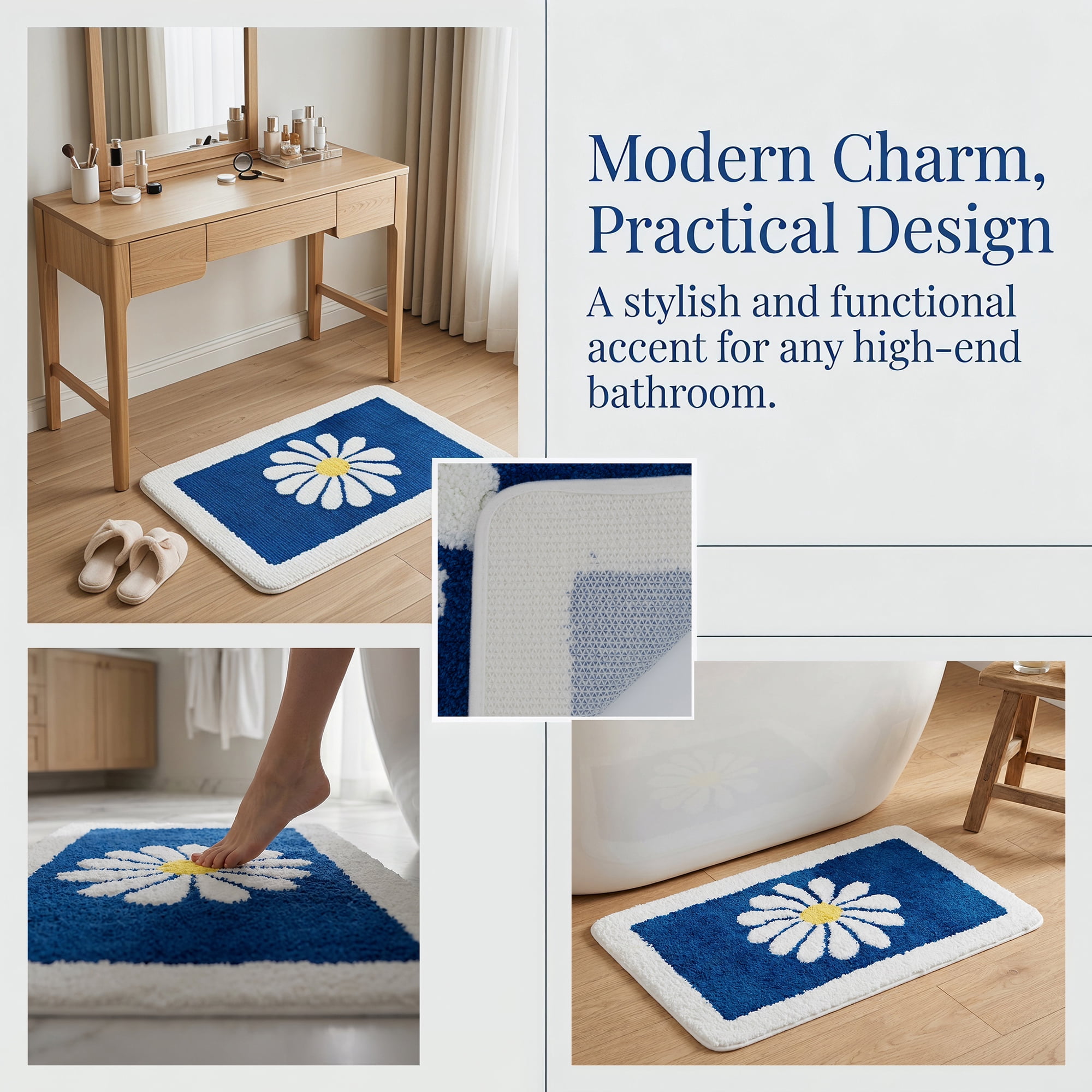 Unique Bargains Aesthetic Non Slip Ultra Soft Absorbent Shaggy Bath Mat Dark Blue 24" x 16"