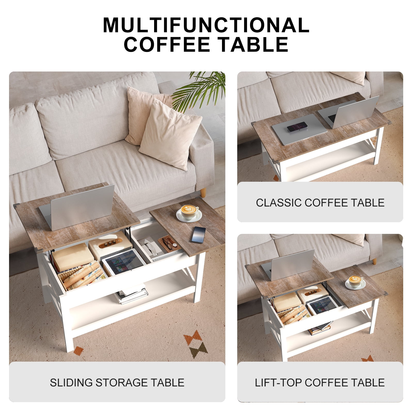 Nalone Coffee Table Lift Top Dining Table with Shelf, Center Table Adjustable Height Tea Tables Wooden Center Tables with Hidden Compartments for Living Room Apartments(Beige Brown)