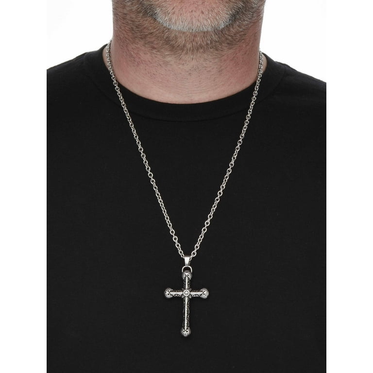 Ed Hardy Mens Black Ion-Plated Antiqued Cross Pendant Necklace 26 Inch