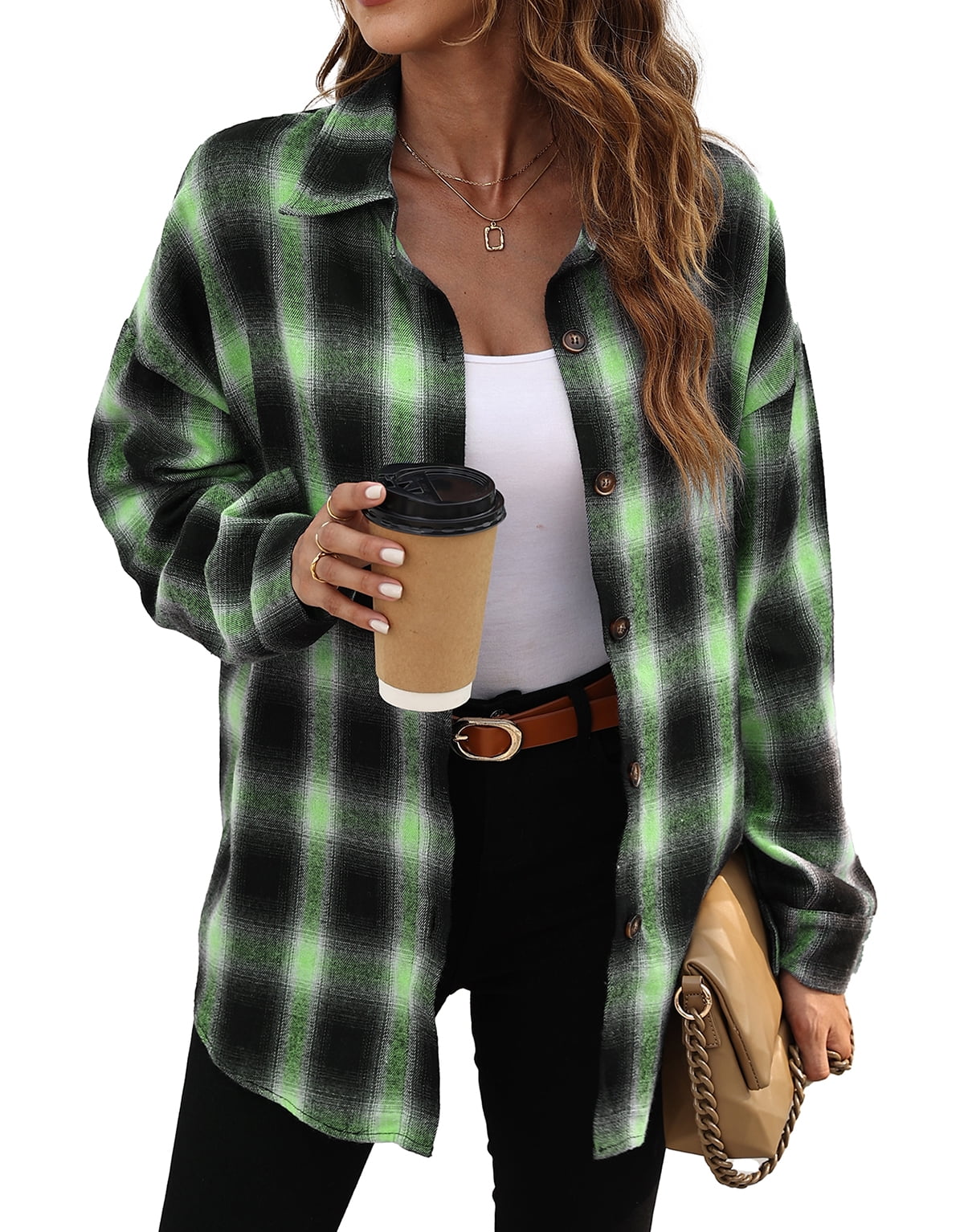 Fantaslook Plaid Flannel Shirts for Women Oversized Long Sleeve Button Down Shirts Blouses Tops