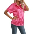 thumbnail image 3 of Gomelly Ladies Shirts Lapel Neck Tops Fashion Satin Silk Shirt Women Loose Office Blouse Button Down Rose Red XL, 3 of 5