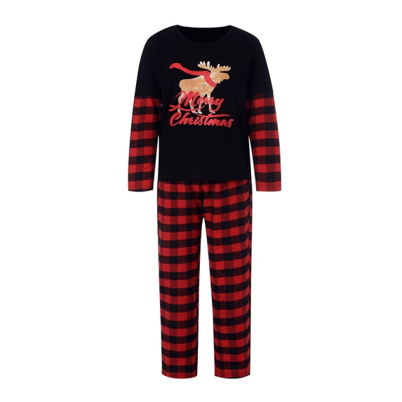 Yuemengxuan Christmas Family Matching Pajamas, Deer Print Long-Sleeve Tops with Plaid Pants