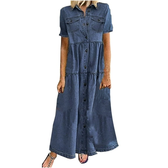 Efsteb Maxi Dresses for Women Plus Size Short Sleeve Dresses Lapel Button Solid Color Loose Denim Dress Casual Trendy Summer Long Dresses Dark Blue XXXXL