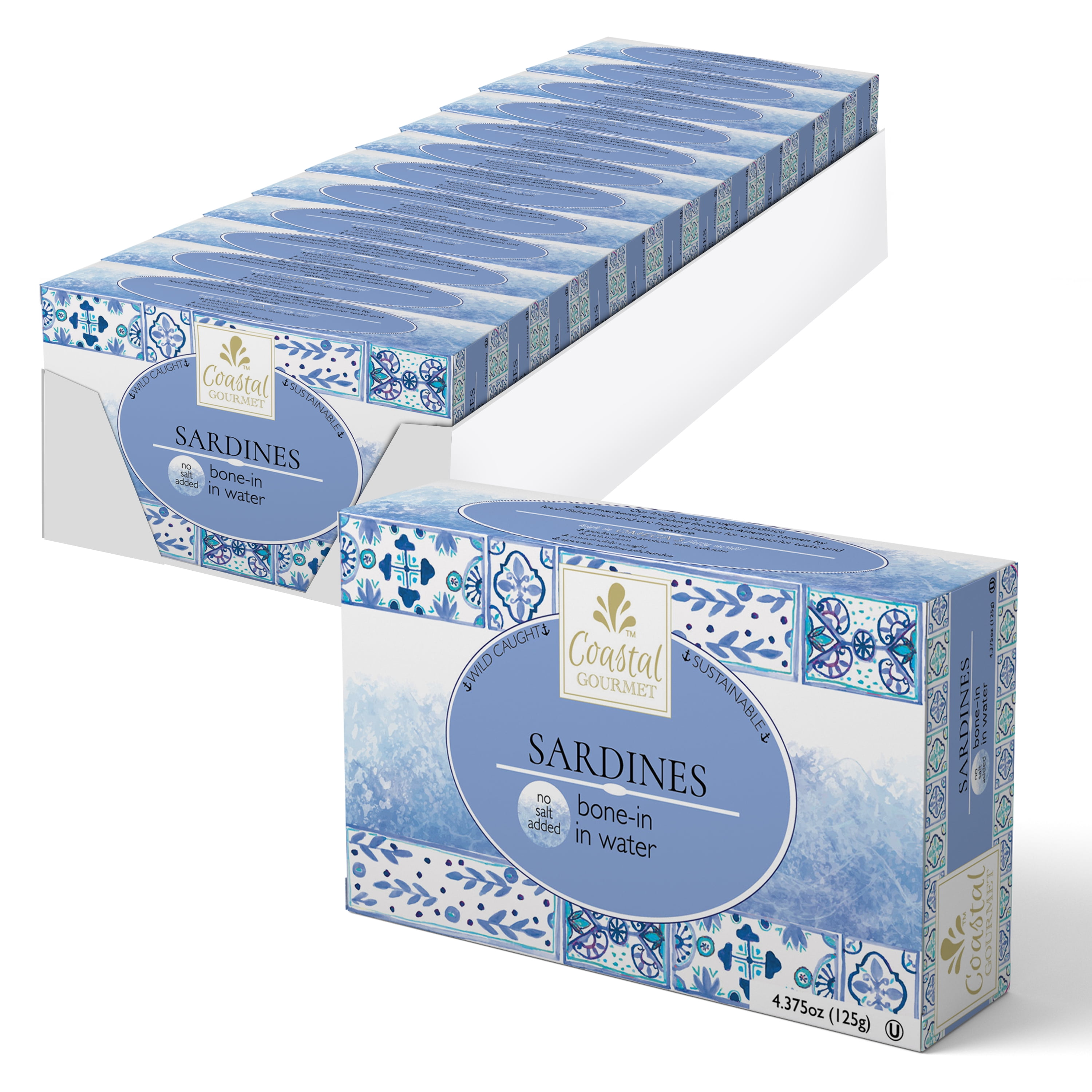 Coastal Gourmet Sardines in Water- No Salt Added 4.375 oz. (Pack of 12) (Packaging May Vary)