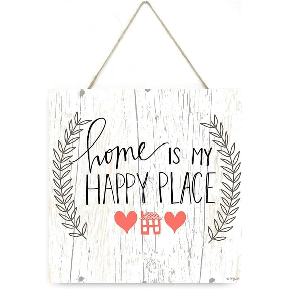 Home Is My Happy Place Laurel Wreath Wooden Plank Sign 7.5x7.5