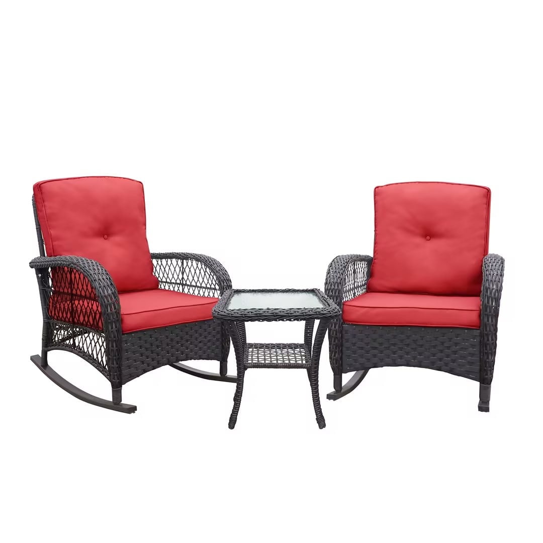 ATR ART to REAL 3 Pcs Outdoor Wicker Rocking Furniture Sets,Rattan Rocker Chair Sets with Table for Porch, Red