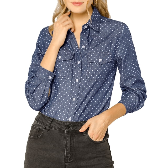Camisa de mezclilla de mujer con cuello puntiagudo, manga larga, botones y bolsillos en el pecho XS azul oscuro
