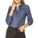 thumbnail image 1 of Camisa de mezclilla de mujer con cuello puntiagudo, manga larga, botones y bolsillos en el pecho XS azul oscuro, 1 of 7