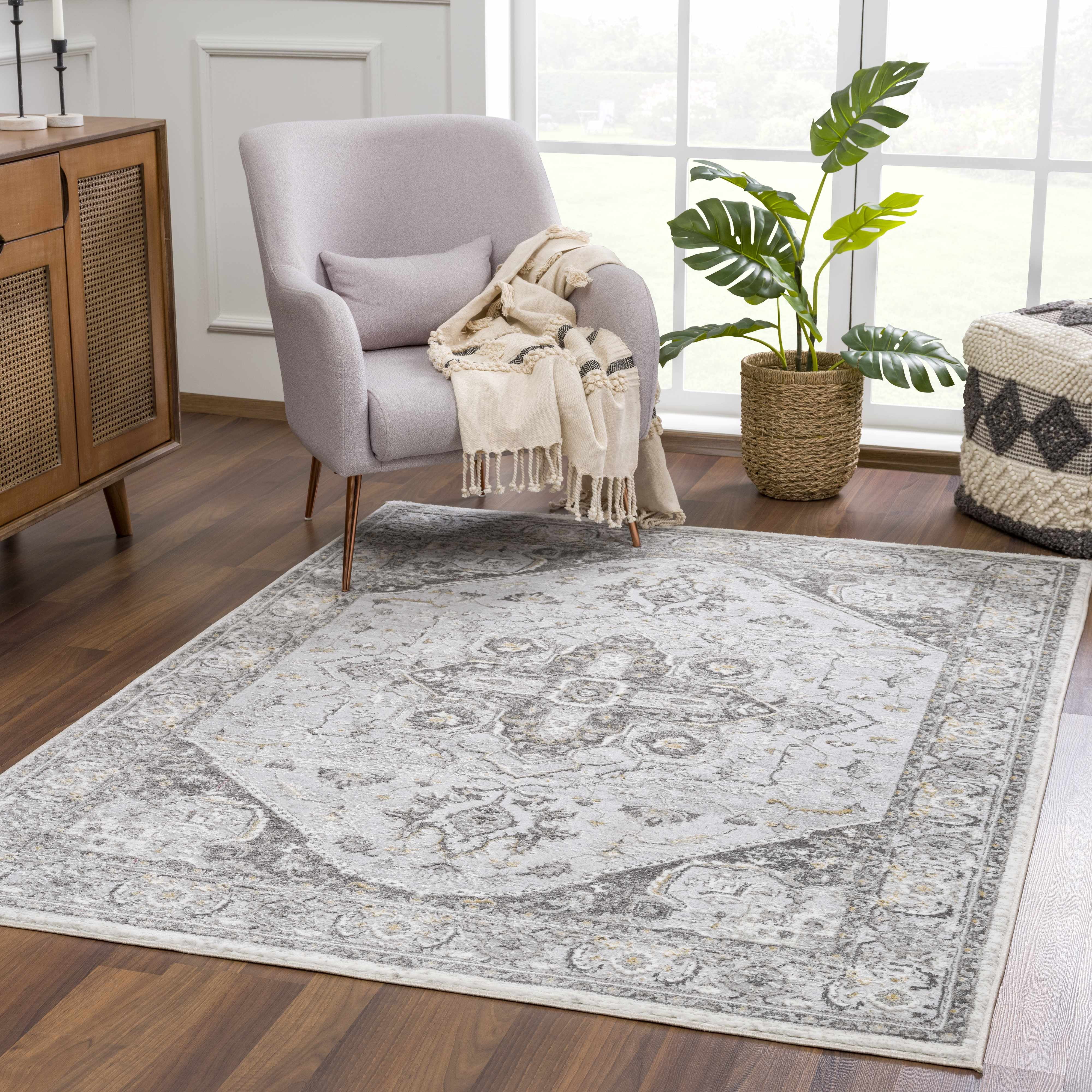 Hauteloom Liverpool Traditional Medallion Bedroom Living Room Area Rug - Oriental Carpet - Vintage Bohemian Farmhouse - Brown, Grey - 6'7" x 9'