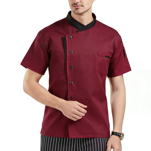 Nokdvo Men's Chef Jackets Lightweight Button Closure Breathable Short Sleeve Coat Spring Summer Baggy Workwear with Pocket,Red XL