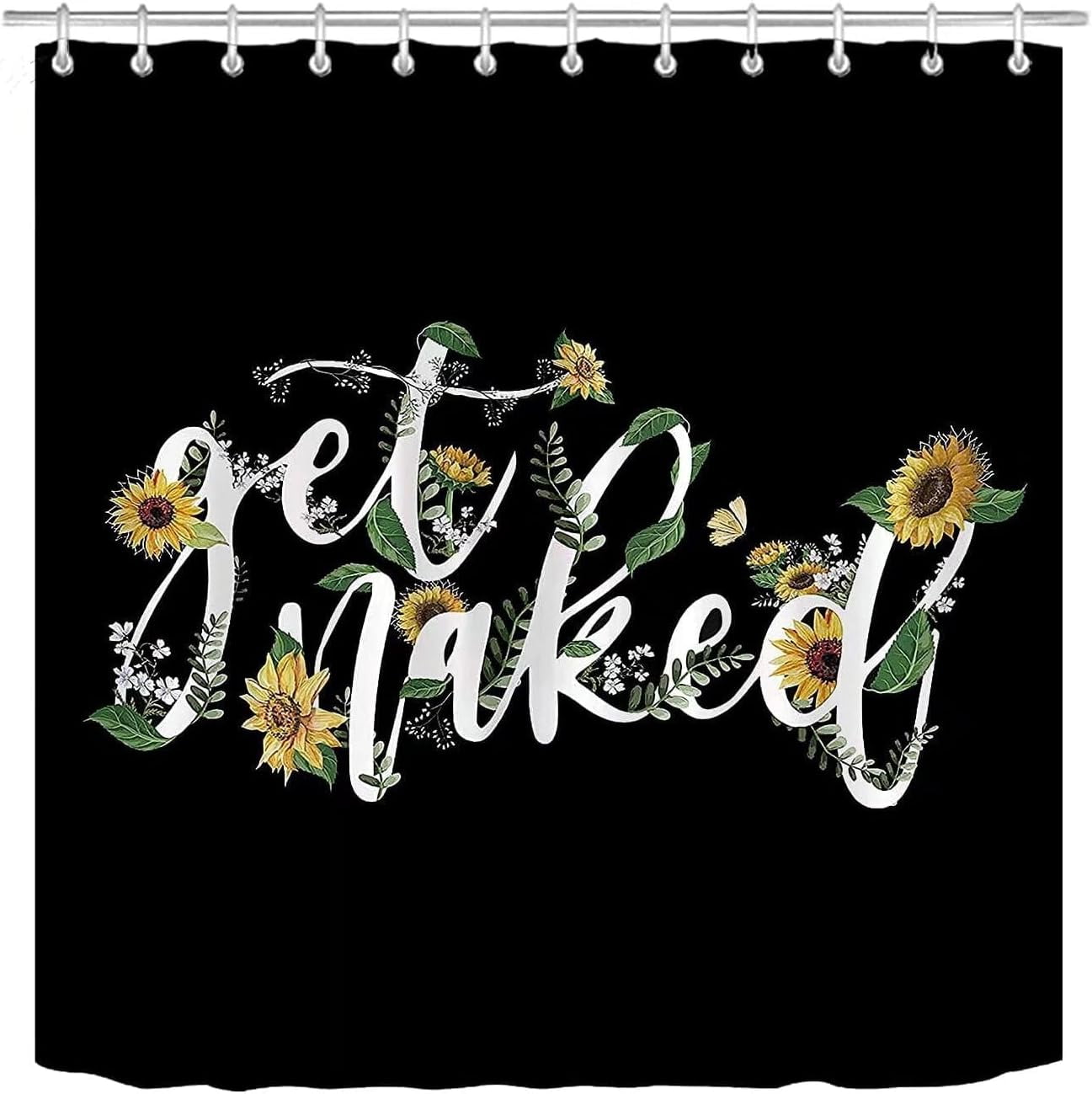 4Pcs Get Naked Sunflower Shower Curtain Sets Floral Green Bathroom Set Decor with Non-Slip Rugs Bath U-shaped Mat Toilet Lid Cover Country Flower Bathroom Curtains Shower Set with 12 Hooks