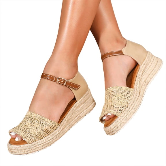 Rokment Womens Straw Crochet Woven Espadrilles Platform Dress Sandals Bohemian Beach Casual Peep Toe Ankle Strap Wedge Chunky High Heels Dressy Shoes for Travel Vocation Summer Beige Size 6.5