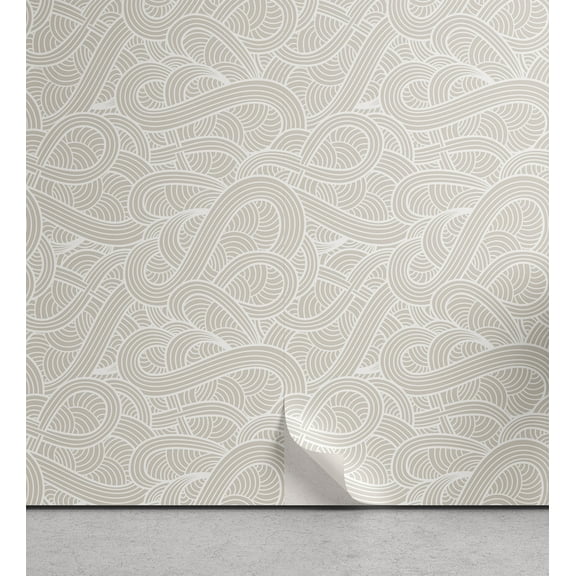 Ambesonne Neutral Color Peel & Stick Wallpaper for Home, Pastel Doodle Swirls, 13"x100", Pale Tan and White