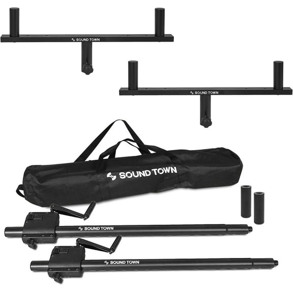 Sound Town 2-Pack Dual Speaker Mount Pole Set, Crank-Up Adjustable Height Subwoofer Poles (34"-57") with M20&35mm Adapters, Carry Bag, Speaker Mounting Fork Brackets for PA/DJ Speakers (STSDS-56CUD2)