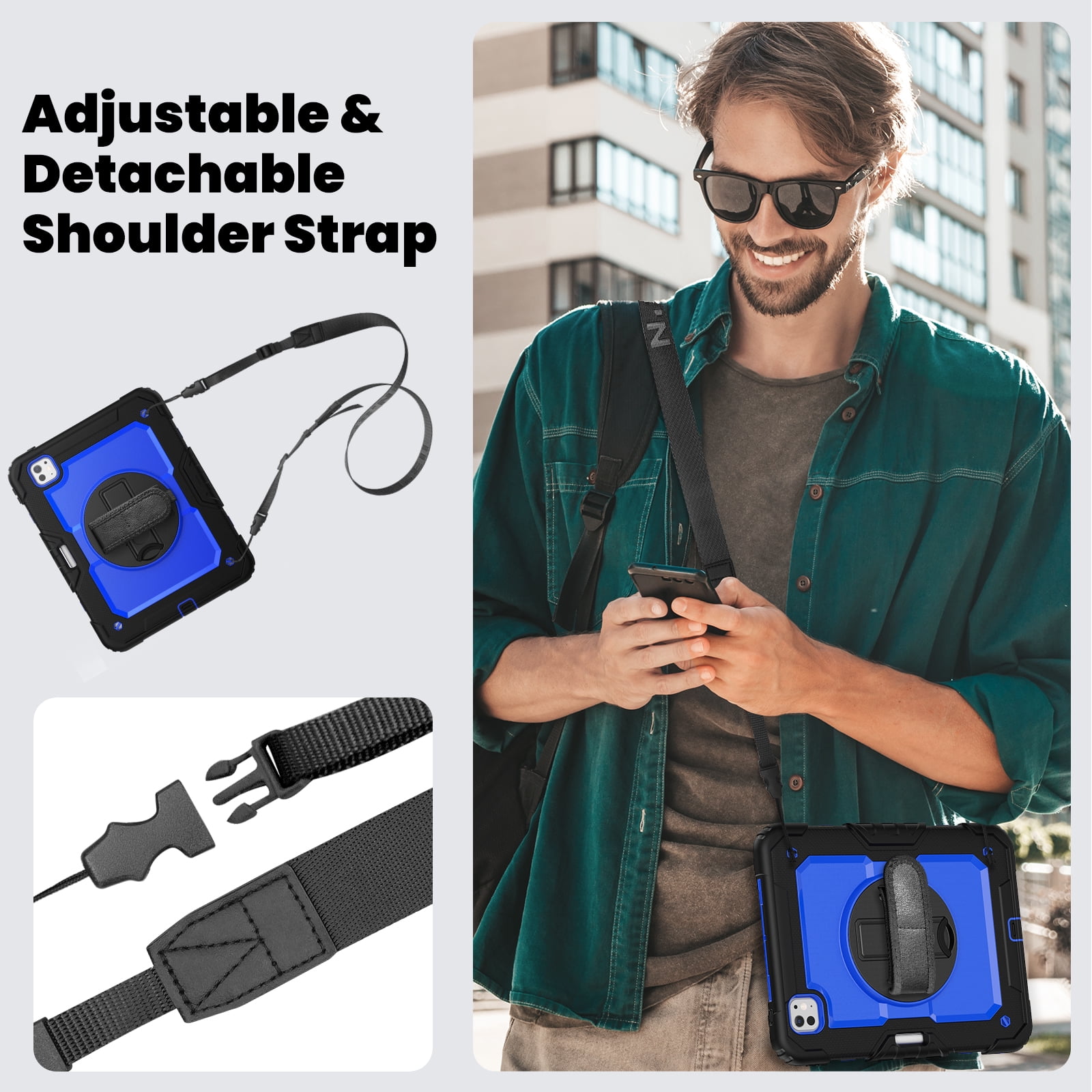 Rugged Shockproof Case for Apple iPad Air 11 Inch M4 M3 M2 2026/2025/2024, [Build in Screen Protector] Drop Proof Hand Strap Kickstand [Shoulder Strap] Pencil Holder Kids Friendly Case Cover
