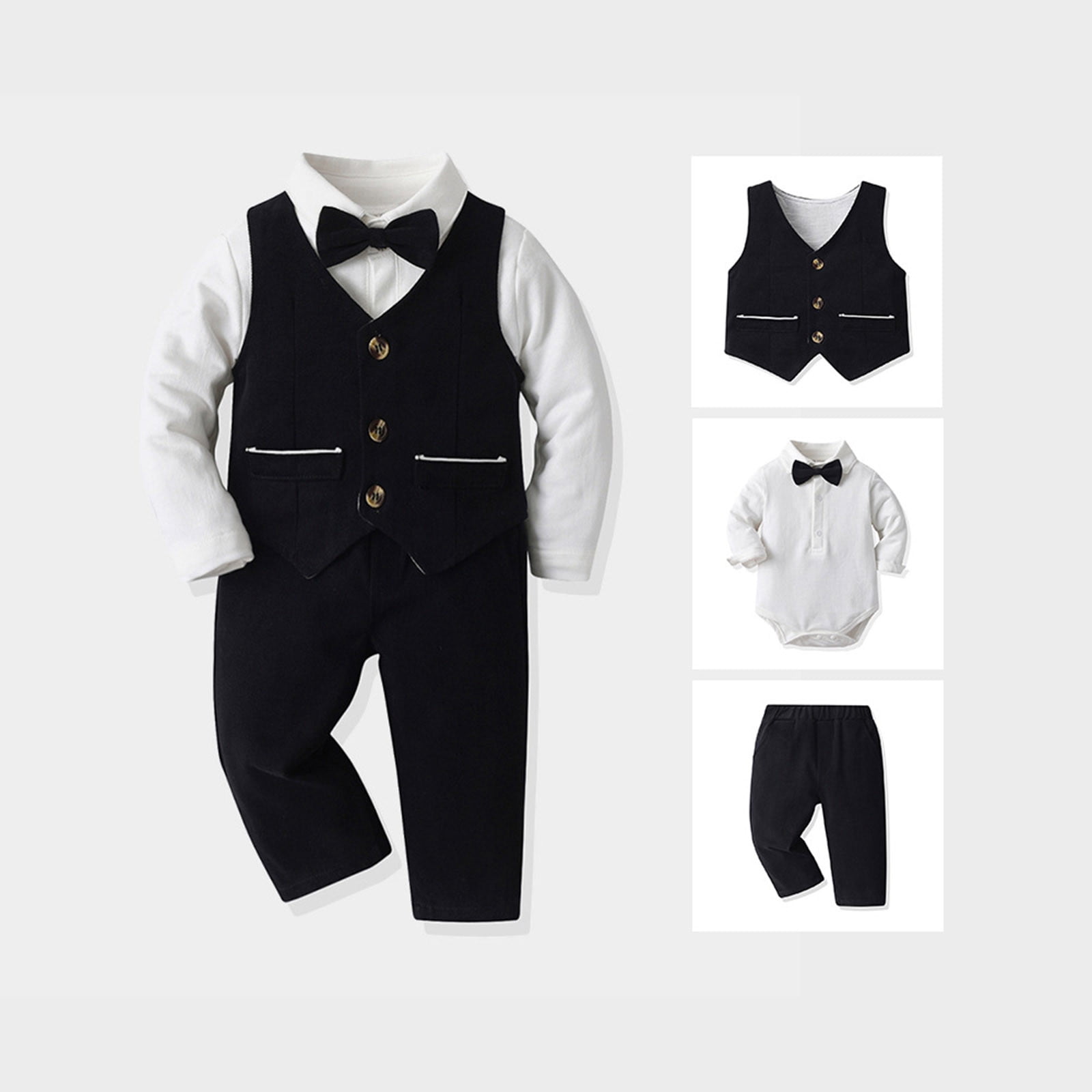 Ketyyh-chn99 Baby Boy Clothes Formal Suit Shirt Suspender Pants Tie Cotton Fabric 4pcs Wedding Baptism Birthday Tuxedo Formal Overalls Clothes Size for 6-9 Months,Black