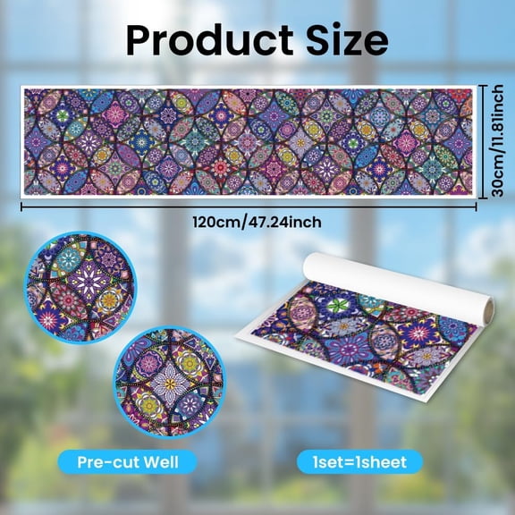 Static Window Clings Mandala Patterns 1 Sheet Reusable Window Decals for Glass 47.24" x 11.8" Removable Double Sided Window Sticker for Room Office Home Decoration