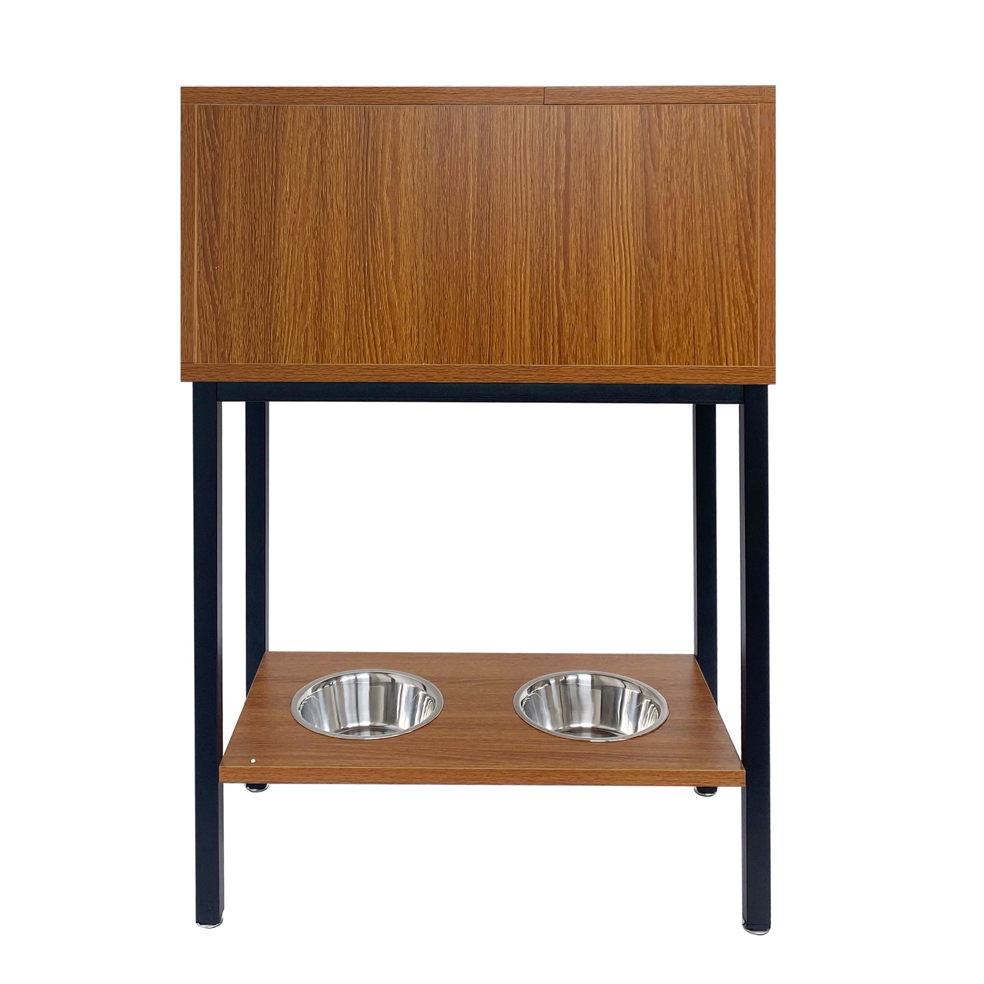 Pet Feeding Cat and Dog Feeding Furniture with 2 Stainless Steel Bowls, Easy Assembly