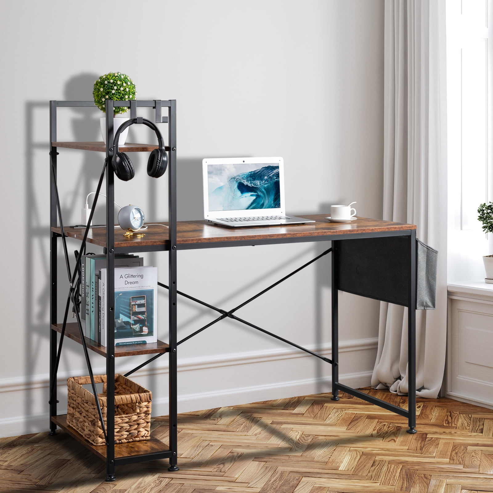 Kadyn Computer Desk, Side Storage Desk with Non-woven Bag and USB Power Port, Durable Study Table for Home, Retro Color Kadyn Computer Desk, Side Storage Desk with Non-woven Bag and USB Power Port, Durable Study Table for Home, Retro Color