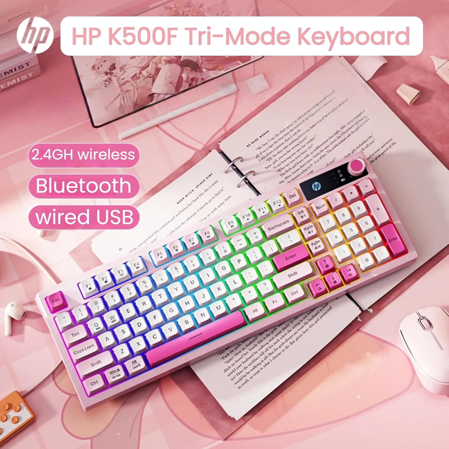 HP K500F Wireless Keyboard – Tri-Mode Bluetooth 5.0 / 2.4GHz / USB-C, RGB Backlit, Pink Gaming Keyboard with Volume Knob, Rechargeable for Windows PC
