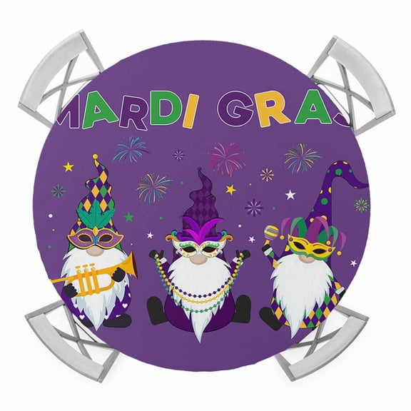 Happy Mask Gnomes Elastic Fitted Round Table Cover Mardi Gras Gnomes Purple Waterproof Outdoor Tablecloth for Holiday Party, Picnic, Patio & Dining Fits Tables Up to 36"-44"