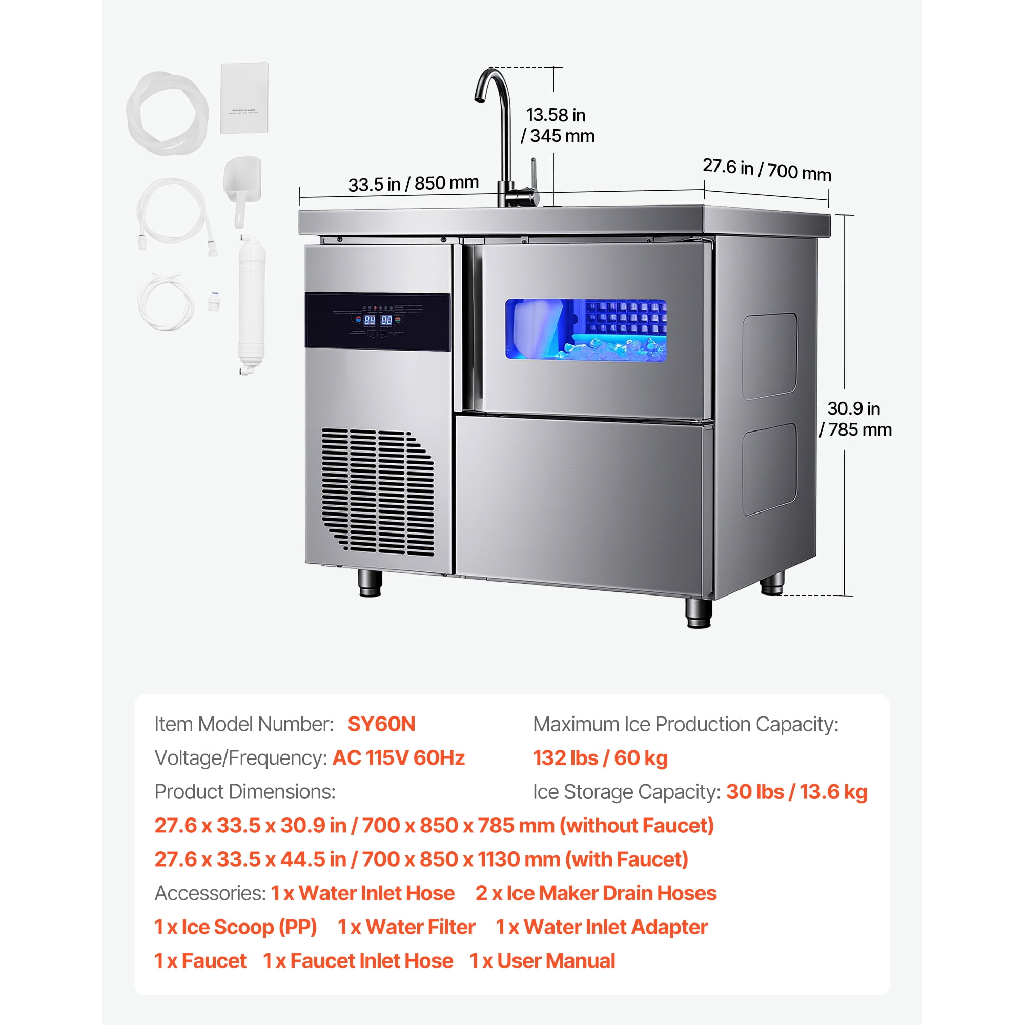 KFFKFF Commercial Ice Maker Machine, 132 lbs/24H Stainless Steel Ice Maker with Integrated Sink, 30 lbs Storage & 70 Cubes per Cycle, Self-Cleaning Freestanding Unit for Home, Bar, or Restaurant Use