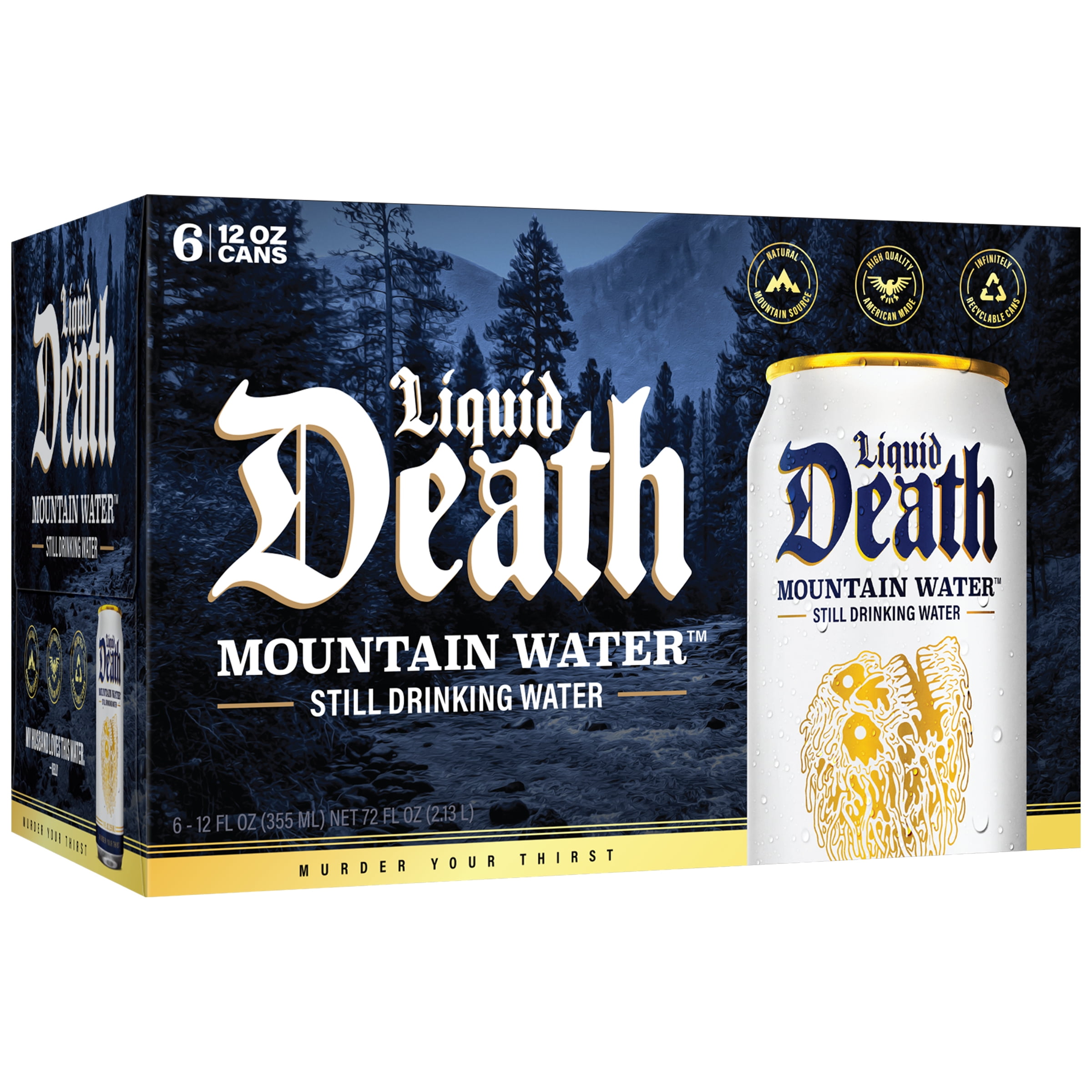 Liquid Death, Still Mountain Water, 6-Pack (12oz Cans), Natural Mountain Source, Infinitely Recyclable Ice-Cold Cans