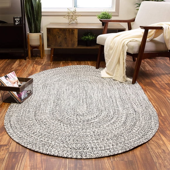 Super Area Rugs Farmhouse Braided Rug Soft Cotton Kitchen Reversible Carpet, Black & White, 5' X 7' Oval