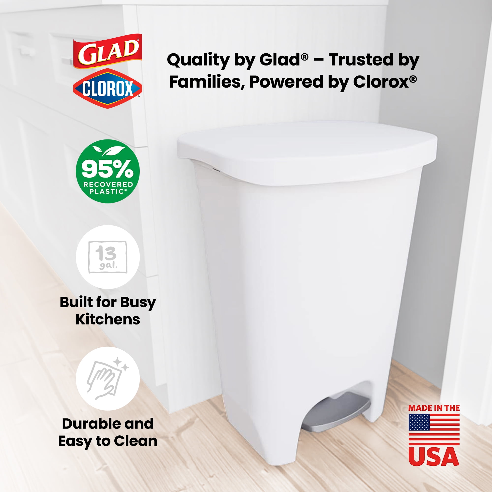 Glad Kitchen Trash Can with Lid, Step Foot Pedal and Garbage Bag Rings, 13 Gallon, White