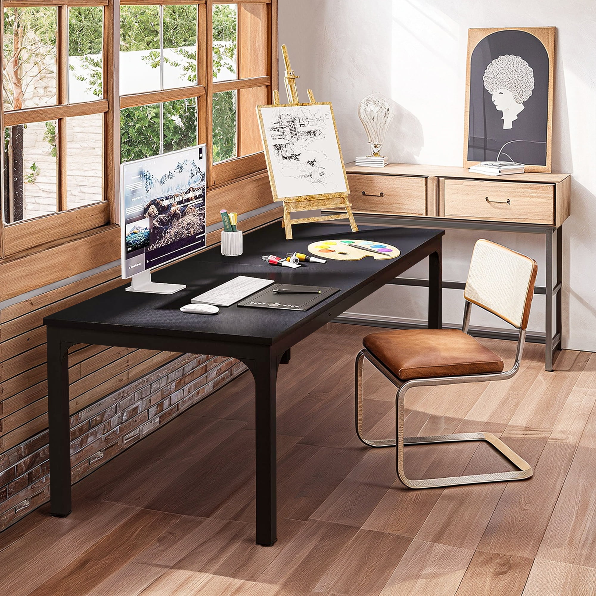 Demi Bonn 78" Farmhouse Dining Table, Wood Rustic Kitchen Table for 8 People, Large Rectangular Dinner Table for Dining Room, Home Office, Living Room Furniture, Black