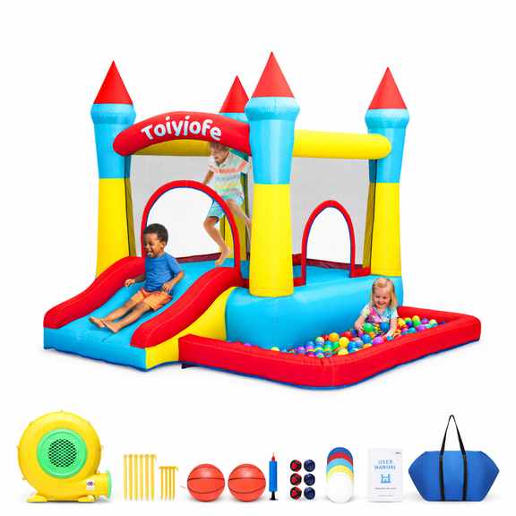 Toiyjofe Inflatable Bounce House with Slide & Ball Pit for Kids 3-6, 5-in-1 Indoor Outdoor Backyard Bouncer 9 x 8.5 ft with Basketball Hoop & 370W Blower
