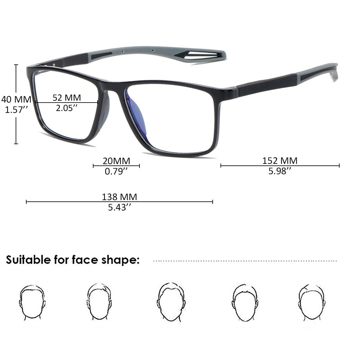 KOOSUFA Mens Blue Light Blocking Reading Glasses +3.00 Sports Spring Hinges Rectangular Lightweight TR90 Computer Readers Eyewear Eyeglasses Black grey