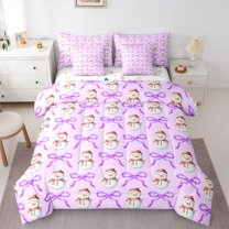 Manfei Kawaii Bow Tie Bedding Comforter Set 7pcs,Chic Christmas Snowmen Queen Bedding Sets,Purple White Queen Sheet Sets For Boys Girl,Luxury Bedroom Decor Reversible