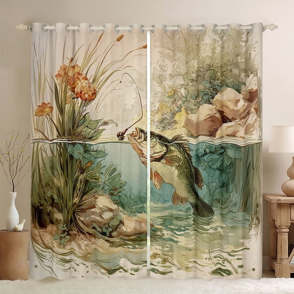jejeloiu Big Bass Fish Black Out Curtains,Fishing And Hunting Curtains Pack of 2 (42x63 Each),Rustic Farmhouse Cabin Bedroom Curtains For Kids,Microfiber Bedroom Decor