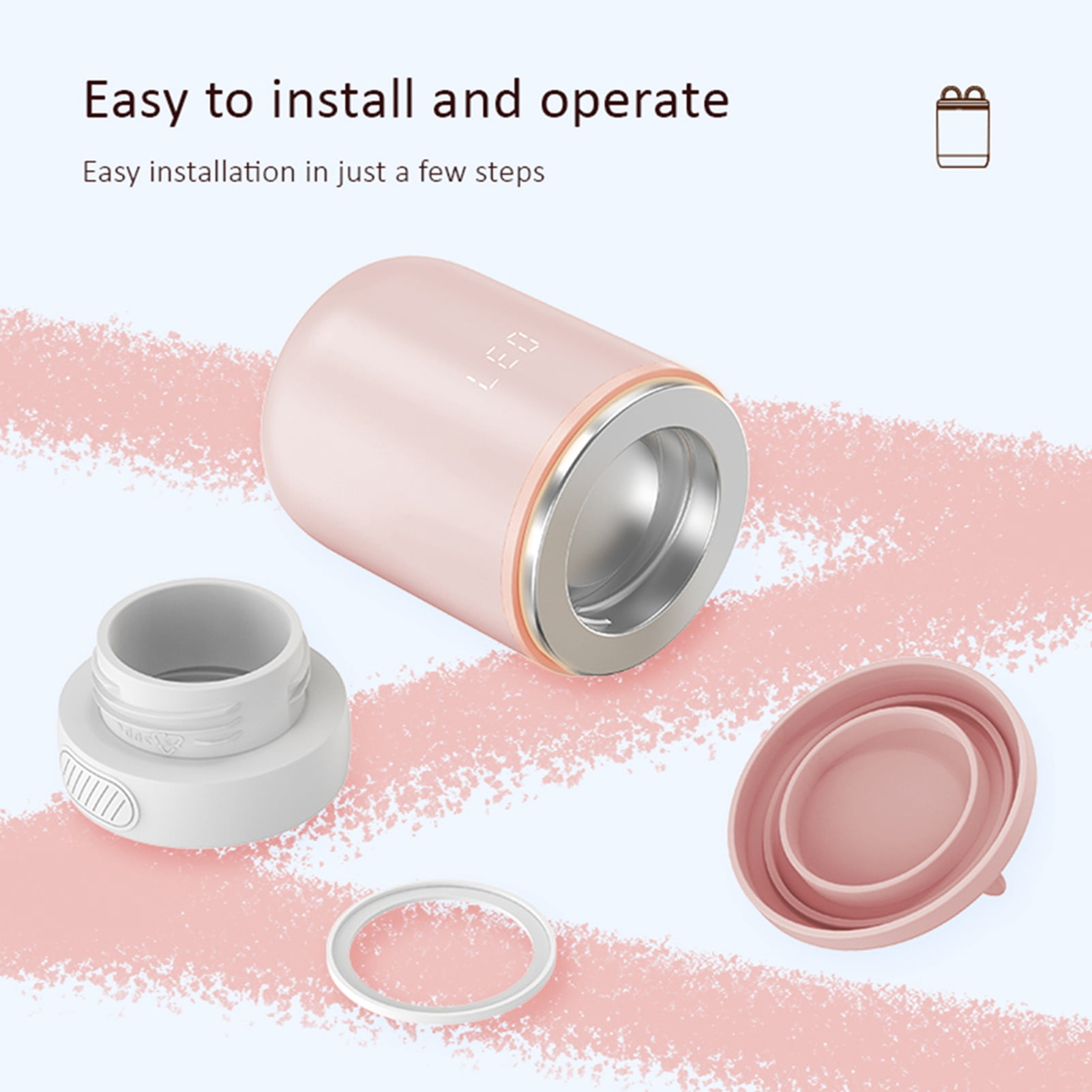 YAHHU Portable Baby Milk Bottle Warmer, Wireless Travel Breastmilk Heater with 8800mAh Battery, 4 Temp Settings, Night Light & 3 Adapters, 3.2x5in / 81x126mm, Pink