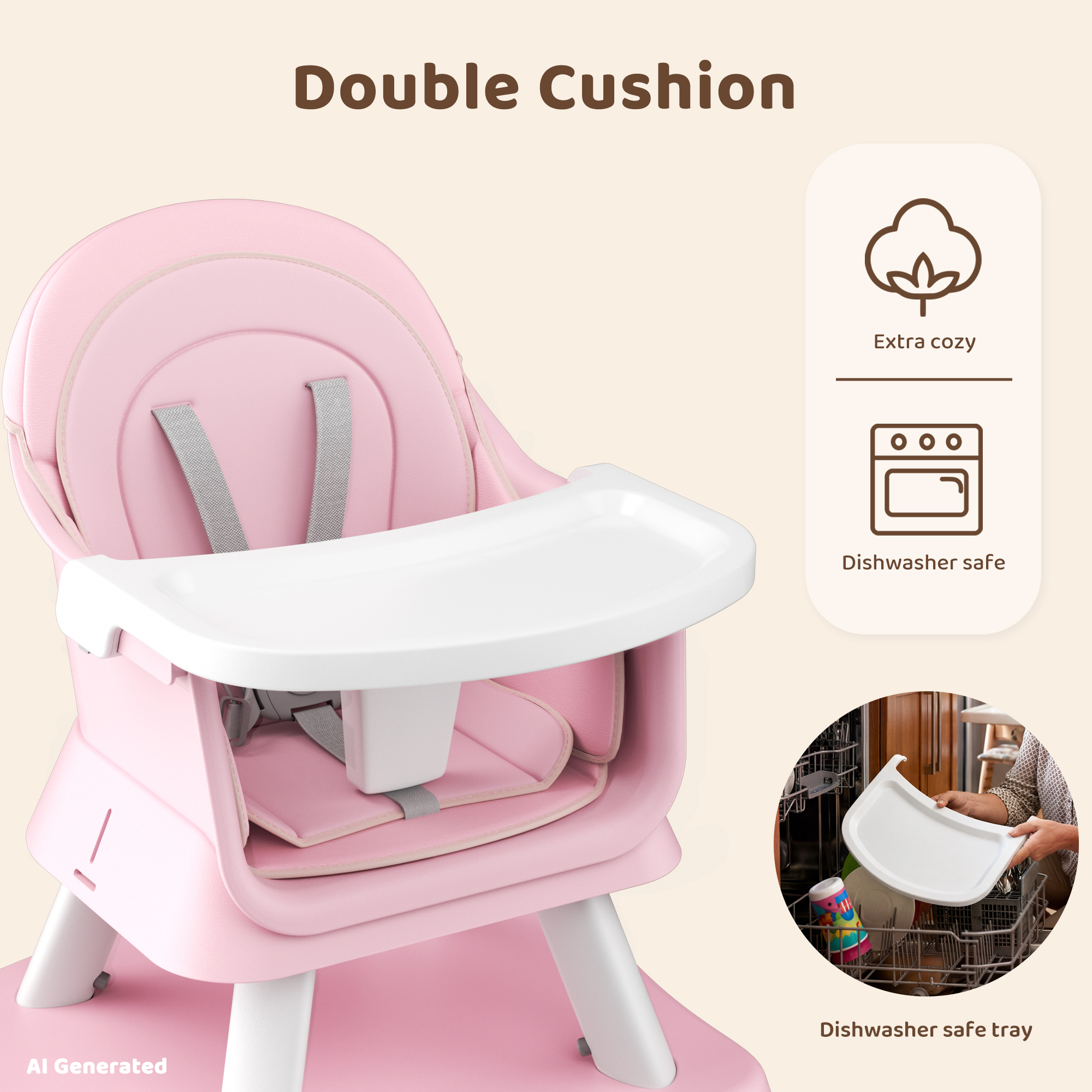 AILEEKISS 8-in-1 Baby High Chair, Pink/White photo 6