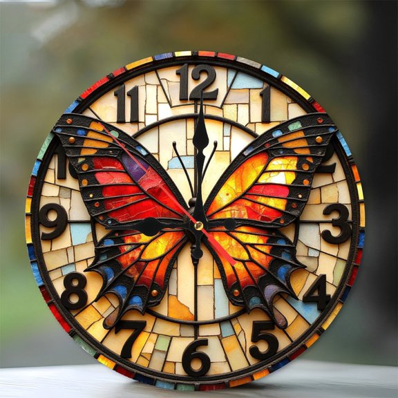 Stained Glass Butterfly Wall Clock Home Decor 10-Inch Silent Wooden Wall Clock, Battery Operated (AA Batteries Not Included), Artistic Home Decor