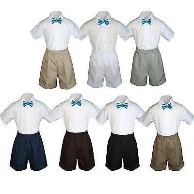 

3pc Set Boy Toddler Formal Party Turquoise BowTie White Black Khaki Shorts S-4T