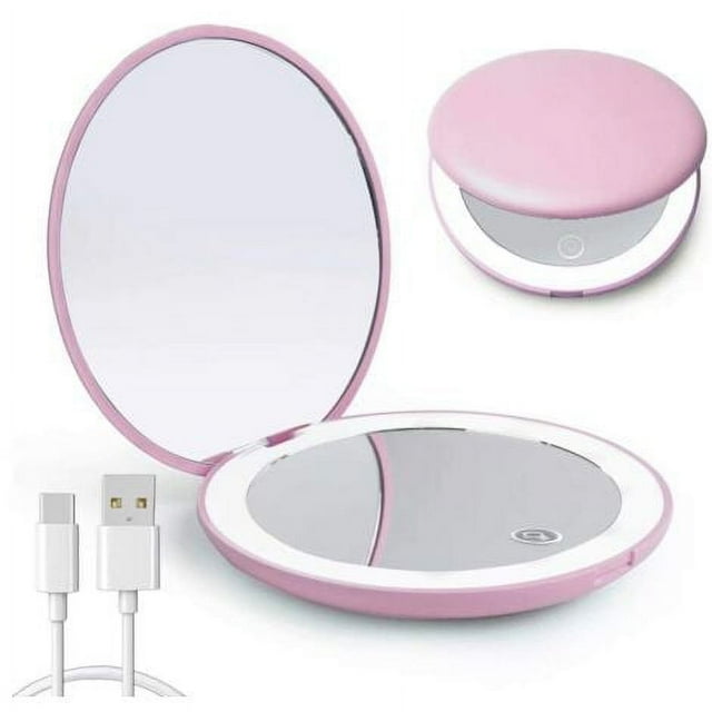 Espejo compacto LED, espejo compacto con aumento recargable de 1x/10x, pequeño espejo de maquillaje de viaje regulable, espejo de bolsillo, regalos para niñas, rosa