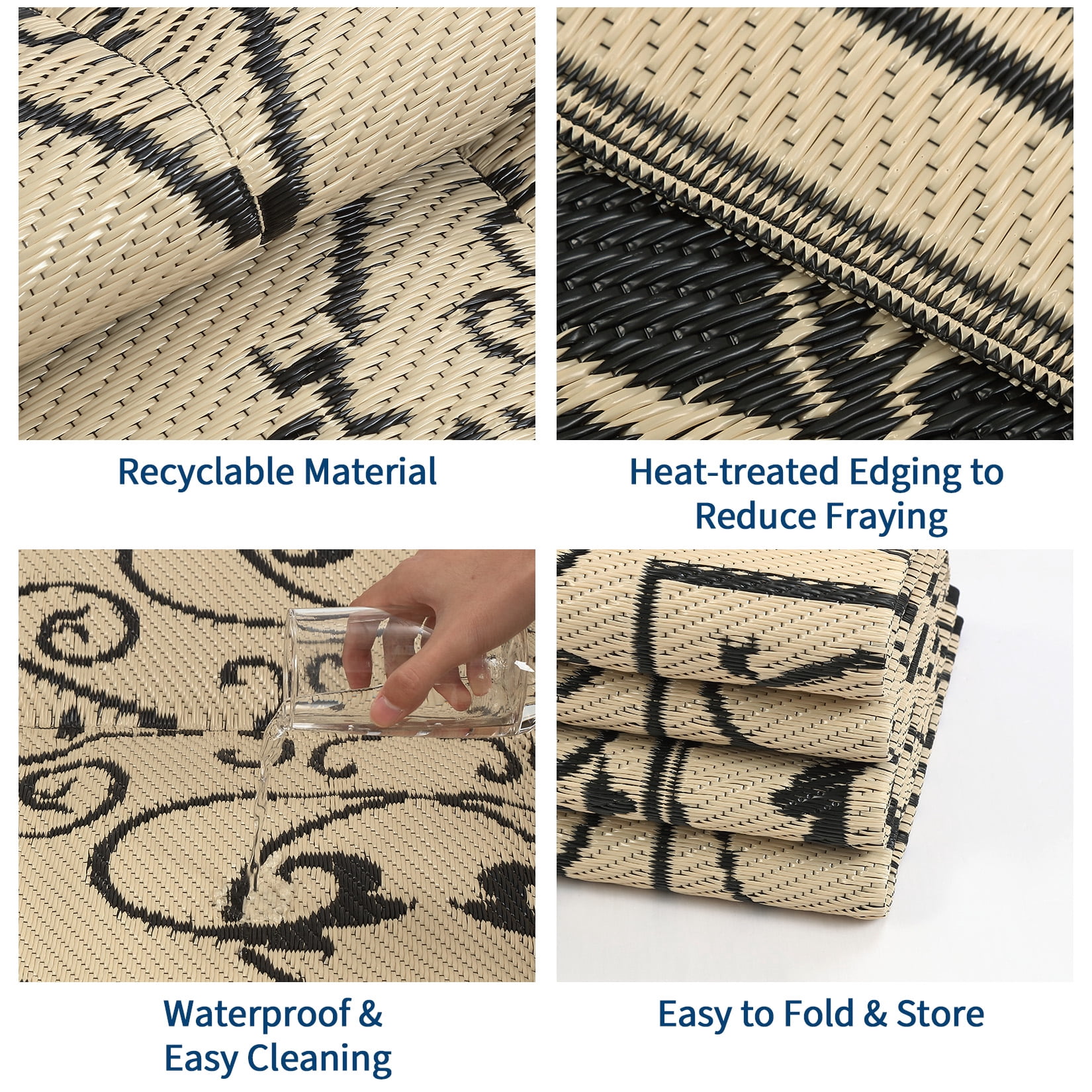 Nanan 9x18 Outdoor Rug, Waterproof UV Protected Fade Resistant Reversible Plastic Straw Patio Mat for RV, Camping, Deck, Yard, Garden, Balcony, Poolside, Black Brown