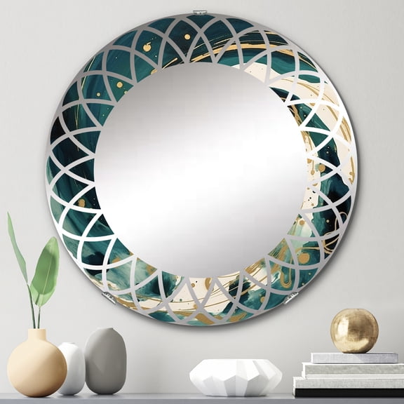 Designart "A Spiral in Dark Blue and Gold II" Abstract Spirals Round Wall Mirror - Modern Oval Printed Decorative Oversized Mirror - Multiple Color Options