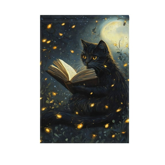 Cat Reads Book on Night Garden Flag 12X18 Double Sided Yard Flags for Outside Outdoor All Seasonal Decoration