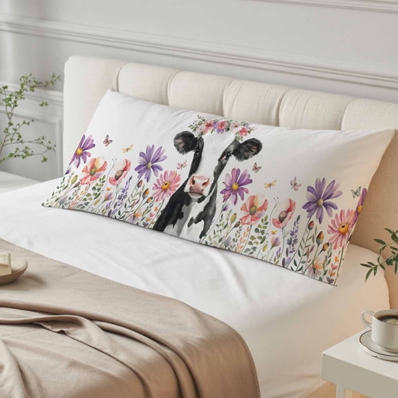 Flowers Cow Body Pillow Cover, Pillowcase Protectors with Zipper, Breathable Decorative Throw Pillow Case Cover, Spring Botanical Floral Plants Butterfly Pillow Shams for Couch Sofa 20x54Inch