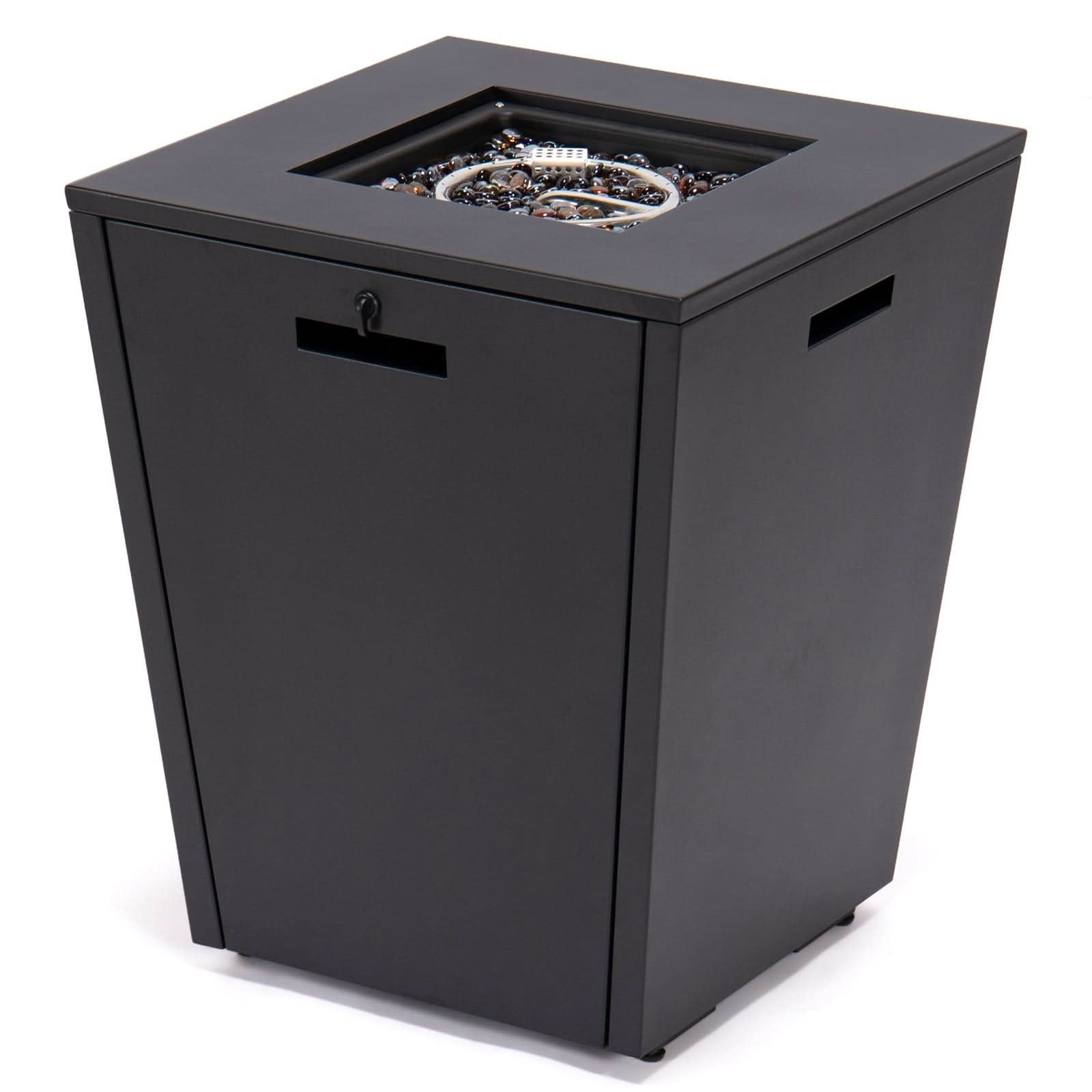 LeisureMod Chelsea 32" Propane Gas Fire Pit Table, Black Steel CSA-Certified Outdoor Firepit with Tempered Glass Wind Guard & Lid – Patio Heater for Backyard or Garden